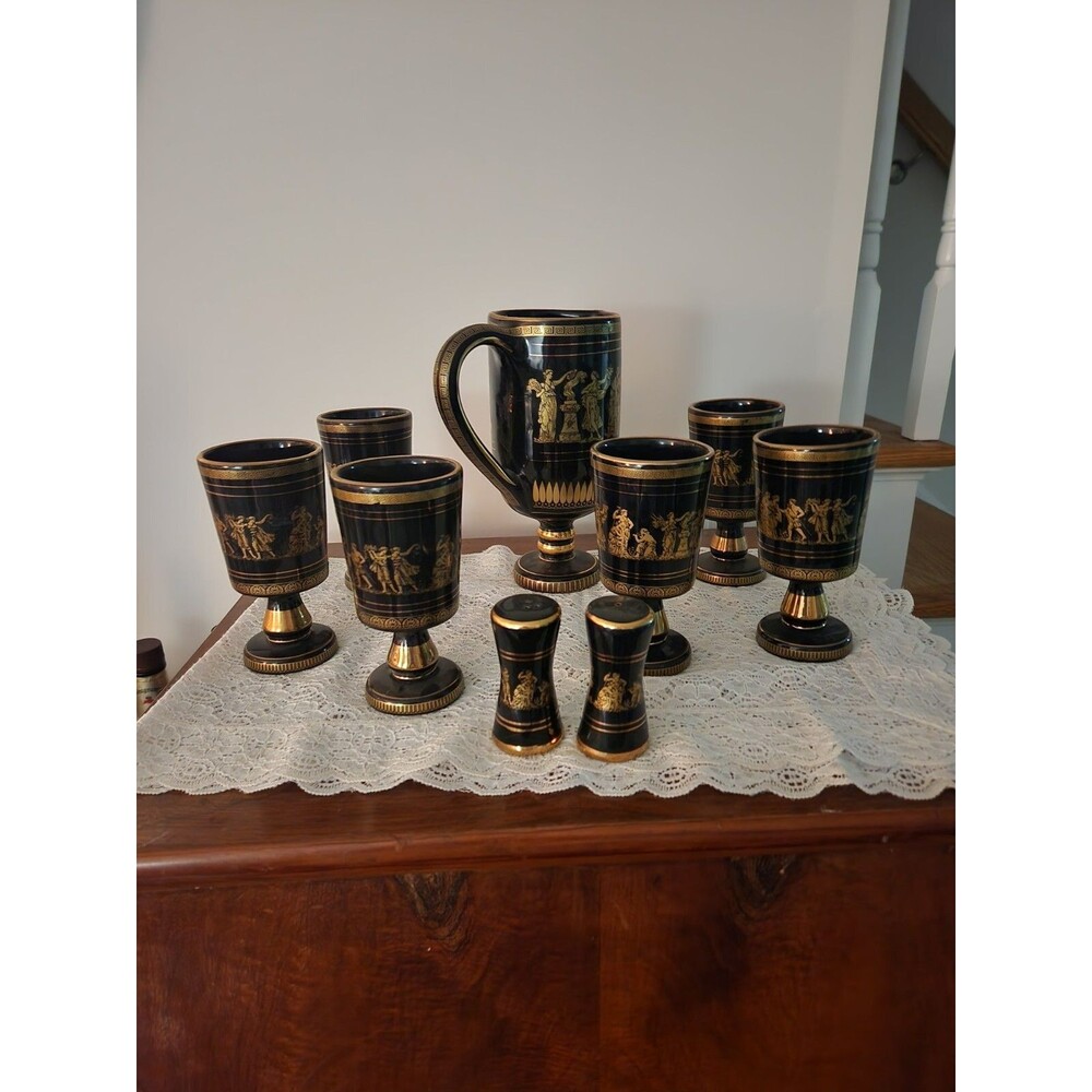 Vintage Spyropolous Pitcher 24k trim, 6 Goblets salt and pepper set Muses